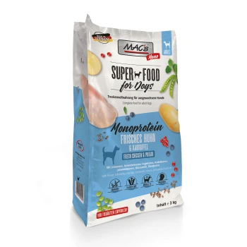 Hundefutterbeutel, beschriftet "MAC's Super Food for Dogs", mit frischem Hähnchen und Kartoffeln, mit Zutaten wie Leinsamen und Heidelbeeren. 3 kg.