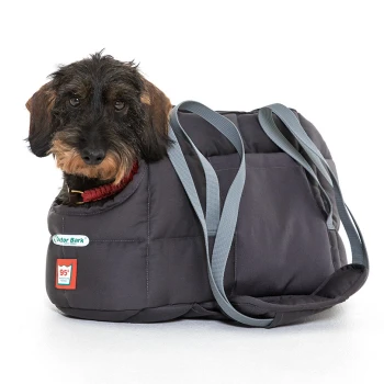 Ein kleiner Hund schaut aus einer gemütlichen, schwarzen Haustiertrage mit grauen Riemen heraus, mit einem Etikett, das 'Doctor Bark' liest und einem Temperaturindikator von 95°F.