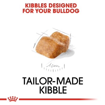 Close-up of uniquely shaped kibble for bulldogs, with text: "KIBBLES DESIGNED FOR YOUR BULLDOG" and "TAILOR-MADE KIBBLE."