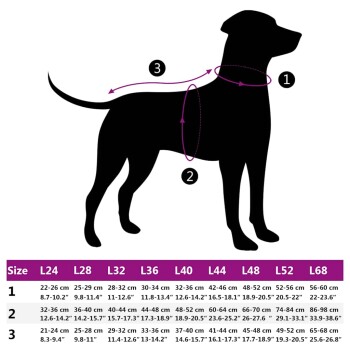 Silhouette eines Hundes mit Maßpunkten, die mit 1 (Hals), 2 (Brust) und 3 (Länge) beschriftet sind, neben einer Größentabelle für Hundebekleidung.