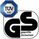 Logo certyfikacji TÜV Süd z niebieskim ośmiokątem z tekstem "TÜV" i "Süd", obok symbolu "GS" oznaczającego "geprüfte Sicherheit".