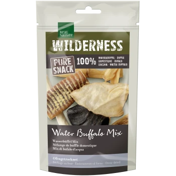 Real Nature Wilderness 100% reiner Snack Water Buffalo Mix, ofengetrocknete Haustierleckerlis in wiederverschließbarer Tüte.