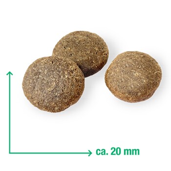 Drei runde braune Tierfutter-Kroketten mit grünen Messpfeilen und sichtbarem Text 'ca. 20 mm', der die Größe angibt