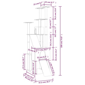 Diagramm eines Katzenbaums mit in Zentimetern und Zoll beschrifteten Abmessungen, mit mehreren Plattformen, einer Rutsche und einem gemütlichen Versteck.