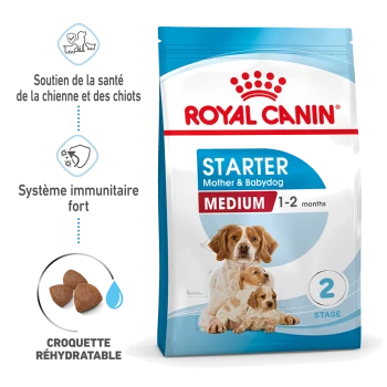 Nourriture pour chiens Royal Canin Starter pour les races moyennes, adaptée aux mères et aux chiots âgés de 1 à 2 mois, avec des croquettes réhydratables.