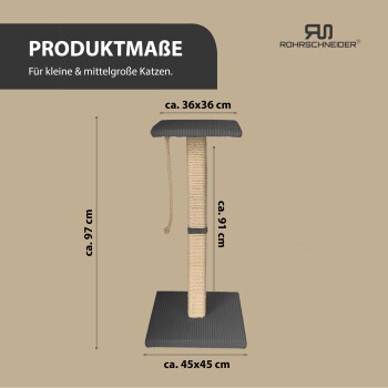 Kratzbaum für Katzen mit den Abmessungen: ca. 97 cm Höhe, 36x36 cm oben, 45x45 cm Basis, geeignet für kleine bis mittelgroße Katzen.