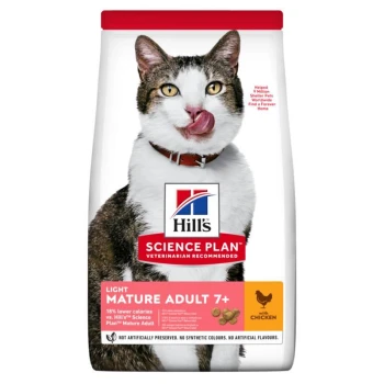 Science Plan Light Mature Adult 7+ mit Huhn 1.5 kg Eine Tüte Hill's Science Plan Katzenfutter mit einer leckenden Katze auf der Vorderseite, beschriftet mit "Light Mature Adult 7+" mit Hühnergeschmack.
