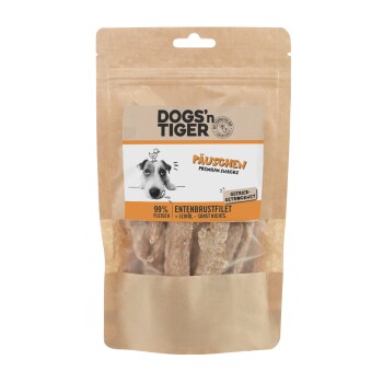 Hundeleckerli-Verpackung "DOGS'n TIGER" mit "Päuschen Premium Snacks", mit einem Hund und "99% Entenbrust + Leinsamen - nichts anderes."