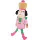 Plüsch-Nussknacker-Hundespielzeug in Pink und Grün mit hoher gelber Mütze und Bommel, schwarzem flauschigem Seitenhaar und gesticktem Gesicht.