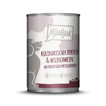 Eine Dose Hundefutter mit der Aufschrift "Mjamjam Kulinarischer Hirsch & Wildschwein an fruchtigen Preiselbeeren", mit einer Silhouette eines Hundes.