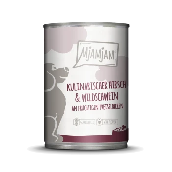 Eine Dose Hundefutter mit der Aufschrift "Mjamjam Kulinarischer Hirsch & Wildschwein an fruchtigen Preiselbeeren", mit einer Silhouette eines Hundes.