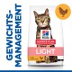 Hill's Science Plan Light Katzenfutterbeutel mit einer getigerten Katze, mit dem Text 'Gewichtsmanagement' und 'mit Huhn'.