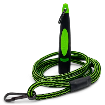 Schwarze und grüne geflochtene Hundeleine mit schwarzem und grünem Griff, beschriftet mit "ACTIVE 2115" und Metallclip.