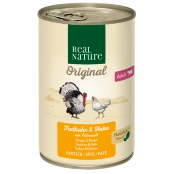 Can of Real Nature Original pet food for adults, featuring turkey and chicken with walnut oil, illustrated with turkeys on the label.
