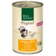 Dose mit Real Nature Original Haustierfutter für Erwachsene, mit Truthahn und Huhn mit Walnussöl, illustriert mit Truthähnen auf dem Etikett.
