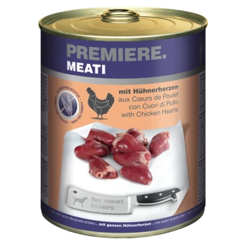 De la nourriture pour animaux en conserve étiquetée "Premiere. Meati" avec des cœurs de poulet, avec un couteau et le texte "pour les amateurs de viande" sur une planche à découper.