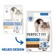 Twee zakken van 7 kg Perfect Fit kattenvoer: één met 'NEUES DESIGN,' met een fluffy kat, 'indoor 1+,' en 'Reich an Huhn.'