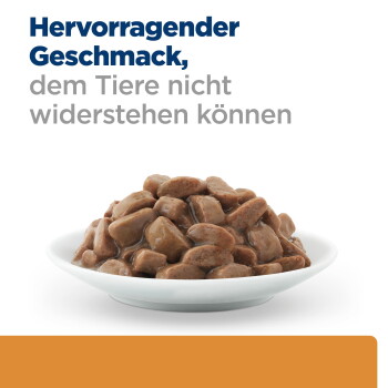 Teller mit braunem Nassfutter auf weißem Teller; Überschrift: "Hervorragender Geschmack, dem Tiere nicht widerstehen können"