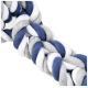 Un jouet à mâcher pour chien tressé en tissu doux de couleurs bleu marine, gris et blanc, conçu pour mordre et tirer.