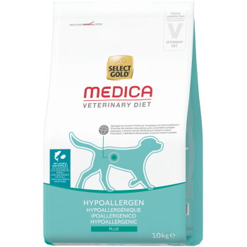 Select Gold Medica Veterinary Diet hypoallergener Beutel mit türkisfarbener Hundesilhouette, 'HYPOALLERGEN PLUS' und '10 kg'.