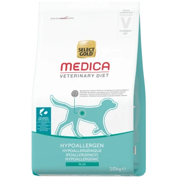 Select Gold Medica Veterinary Diet hypoallergeen zak met turquoise hondensilhouet, 'HYPOALLERGEN PLUS' en '10 kg'