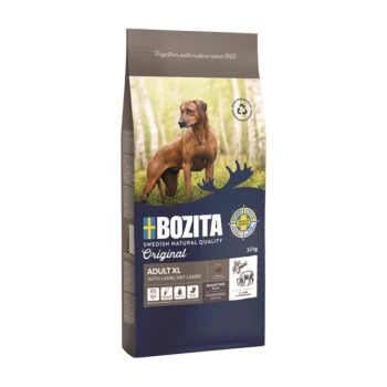 Sac de nourriture pour chiens de la marque Bozita, étiqueté 'Adult XL avec Agneau,' 12 kg, avec un fond naturel de forêt et des icônes nutritionnelles.