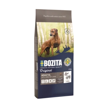 Hundefutterbeutel mit der Marke Bozita, beschriftet mit 'Adult XL mit Lamm', 12 kg, mit einem natürlichen Waldhintergrund und Nährstoffsymbolen.
