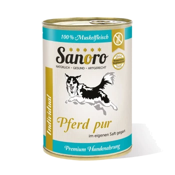 Dose Sanoro Hundefutter, beschriftet mit 'Pferd pur', mit einer Grafik eines springenden Hundes, die '100% Muskelfleisch' und 'Premium Hundenahrung' angibt.