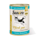 Dose Sanoro Hundefutter, beschriftet mit 'Pferd pur', mit einer Grafik eines springenden Hundes, die '100% Muskelfleisch' und 'Premium Hundenahrung' angibt.
