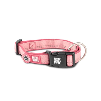 Pink verstellbares Hundehalsband mit schwarzer Kunststoffschnalle, Metallring und „Max & Molly“-Logo auf Schnalle und Anhänger.