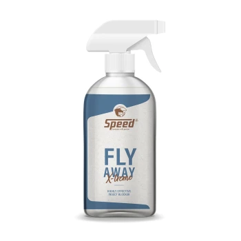 Eine Sprühflasche mit der Aufschrift 'Speed Fly Away X-treme' in blau-silbernem Design, die als hochwirksamer Insektenblocker beworben wird.