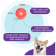 Rotes Hundespielzeug mit einem Durchmesser von 9,9 cm, mit Text über sein BPA-freies Material und seine atemfrischenden Eigenschaften, neben einem lächelnden Shiba Inu.