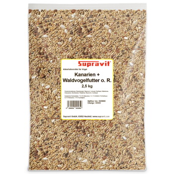 Klare Plastiktüte mit gemischtem Vogelfutter, Supravit-Etikett 'Kanarien + Waldvogelfutter o. R.' 2,5 kg.