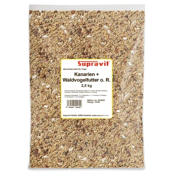 Klare Plastiktüte mit gemischtem Vogelfutter, Supravit-Etikett 'Kanarien + Waldvogelfutter o. R.' 2,5 kg.