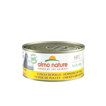 Almo Nature HFC Natur Katzenfutterdose, mit einem Etikett für ein Hähnchenschenkel, mit einer Katzensilhouette und dem Siegel "100% Gewinne für die Natur."