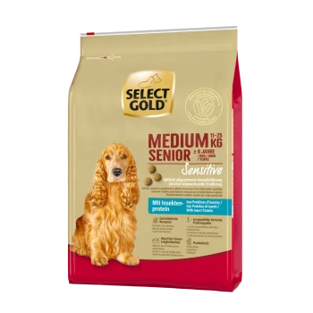 Emballage de nourriture pour chiens Select Gold Medium Senior, 11-25 kg, adapté aux chiens de plus de 8 ans, étiqueté "Sensible" avec protéine d'insecte.