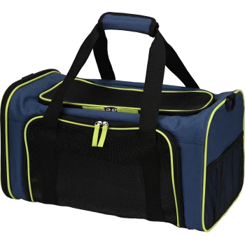 Blue pet carrier bag with black mesh panels and green accents, featuring dual zippers and sturdy handles for easy transport.
