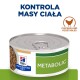 Karma w puszce oznaczona "Hill's Prescription Diet Metabolic," z kurczakiem i warzywami, z tekstem "Kontrola masy ciała."