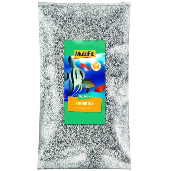 A clear bag of colored aquarium gravel labeled "MultiFit Aquarium FarbKies," with tropical fish images and a pH neutral symbol.