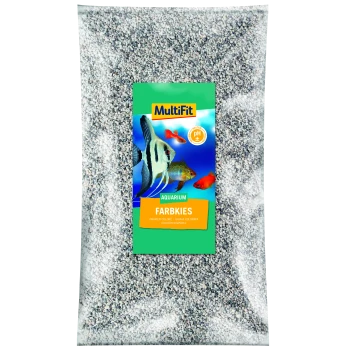 A clear bag of colored aquarium gravel labeled "MultiFit Aquarium FarbKies," with tropical fish images and a pH neutral symbol.