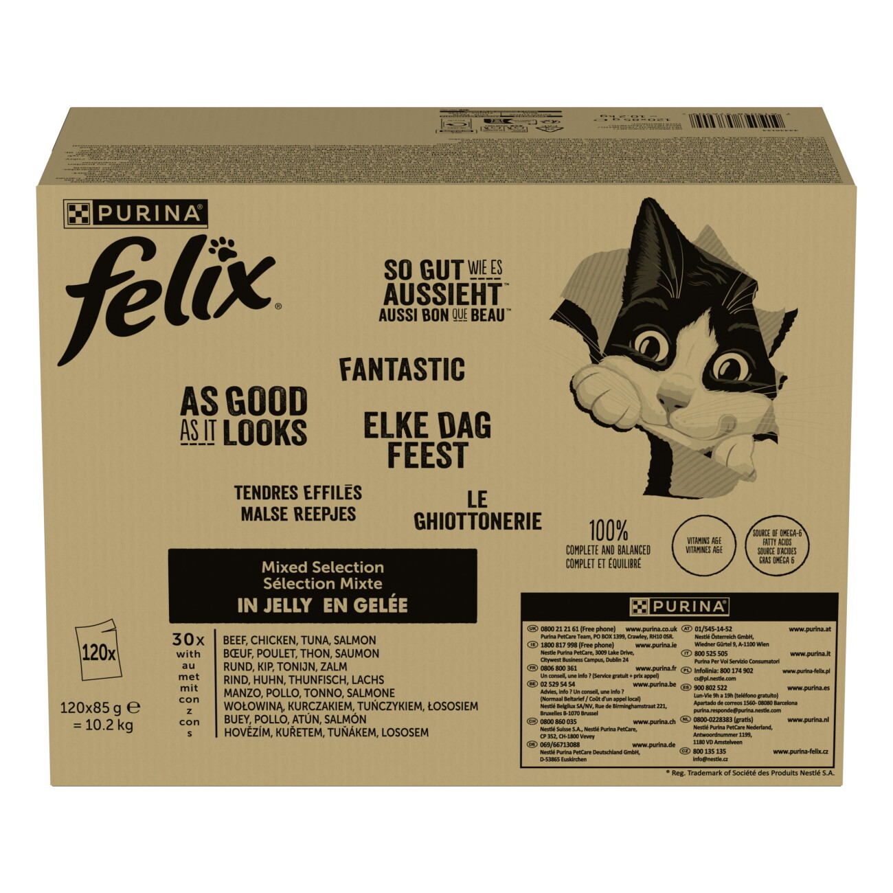 120 x 85 g Jumbopack Felix + 24 x 40 g Sauce Time mit dem Geschmack von Huhn & Truthahn gratis! - "So gut wie es aussieht" Gelee: Fleisch Mixpaket 2 (Rind, Lachs, Huhn, Thunfisch) Katzenfutter Nass - Image 3