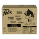 Boîte de nourriture pour chats Purina Felix sélection mixte en gelée avec images et texte en plusieurs langues, présentant une illustration de chat joueur.