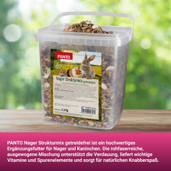 Transparente Plastikdose 2,3 kg PANTO 'Nager Strukturmix getreidefrei' mit Kaninchen- und Meerschweinchenbild auf dem Etikett.