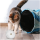 Eine verspielte getigerte Katze nähert sich neugierig einem flauschigen weißen Spielzeug mit einer Glocke, neben einem blauen Haustiertunnel auf einem Holzboden.
