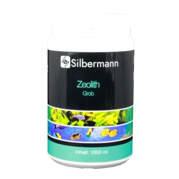 Behälter von Silbermann Zeolith Grob, 1000 ml, mit bunten aquatischen Bildern von Fischen und Pflanzen auf dem Etikett.