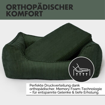 Ein entspannter Französischer Bulldogge in einem grünen Cord-Hundebett, mit "süße Träume" darüber und Symbolen für "Cord-Stoff", "Memory-Schaum" und "Rutschfest" darunter.