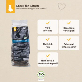 Tüte LIEBESGUT Katzensnacks mit Aufschrift 'Snack für Katzen', '98% Bio‑Rind' – natürlich, schonend luftgetrocknet, nachhaltig.