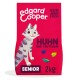 Katzenfutterbeutel mit einer Cartoon-Katze, beschriftet mit "Edgard Cooper", mit dem Text "Huhn und Truthahn", "Senior" und "2kg" auf einem rosa Hintergrund.