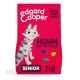 Katzenfutterbeutel mit einer Cartoon-Katze, beschriftet mit "Edgard Cooper", mit dem Text "Huhn und Truthahn", "Senior" und "2kg" auf einem rosa Hintergrund.
