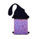 Eine bunte Haustieraccessoire-Tasche mit einem lila und pinken gepunkteten Design, mit einem schwarzen Reißverschluss und einem verstellbaren Riemen.